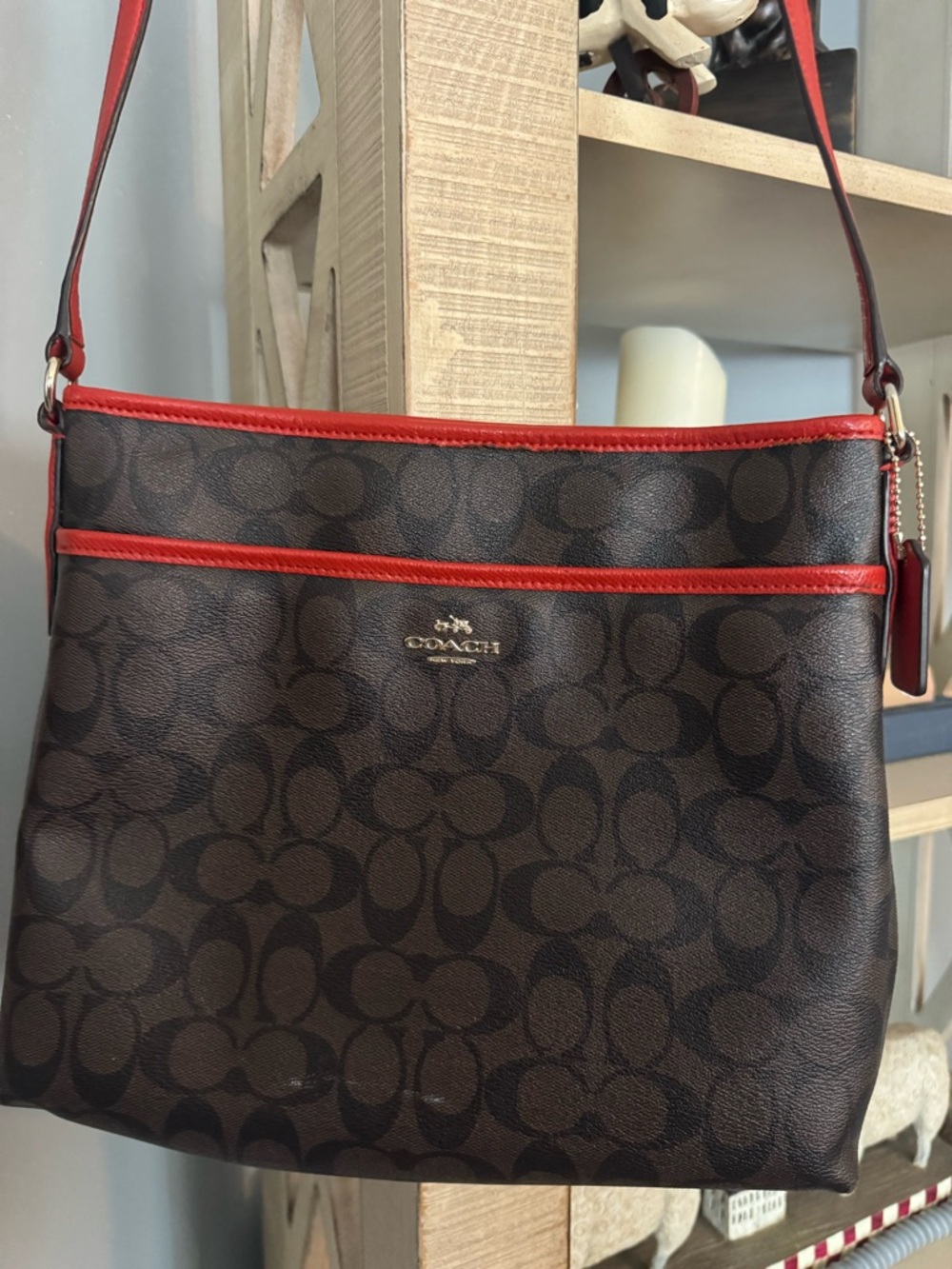 Coach Brown Signature Crossbody with Red Trim